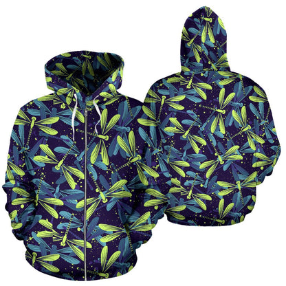 Dragonfly Lime Blue Print Pattern Zip Up Hoodie