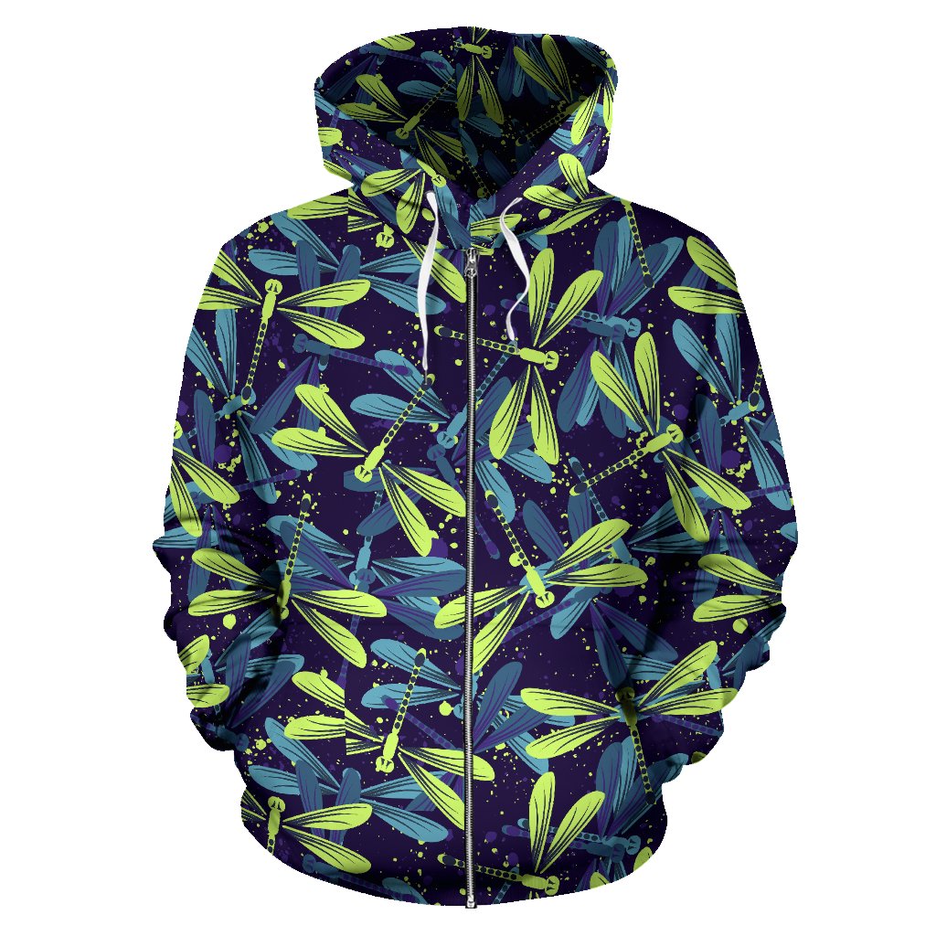 Dragonfly Lime Blue Print Pattern Zip Up Hoodie