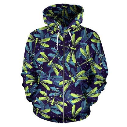 Dragonfly Lime Blue Print Pattern Zip Up Hoodie