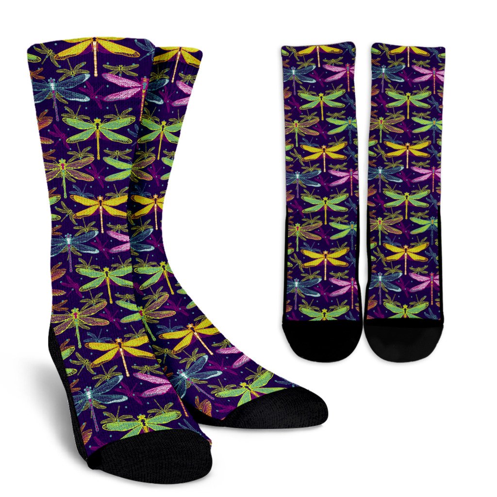 Dragonfly Neon Color Print Pattern Crew Socks