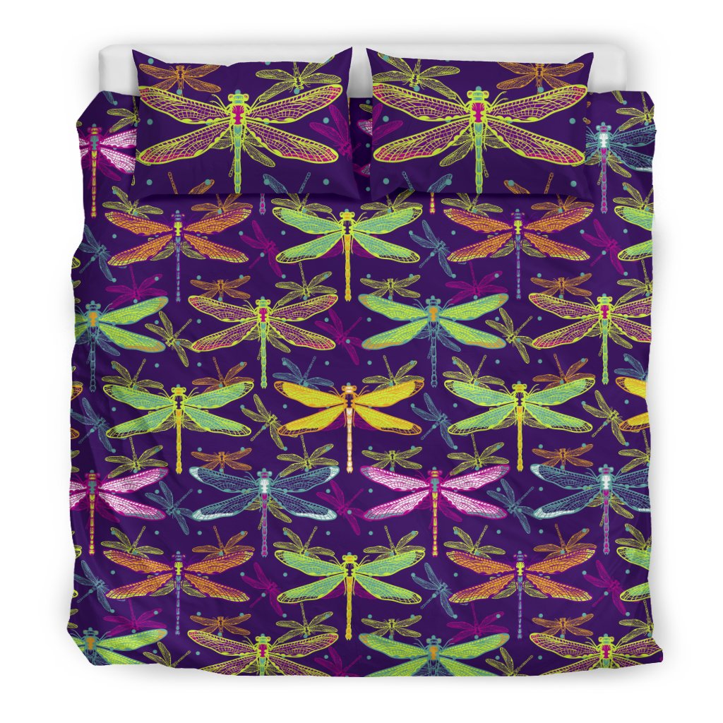 Dragonfly Neon Color Print Pattern Duvet Cover Bedding Set