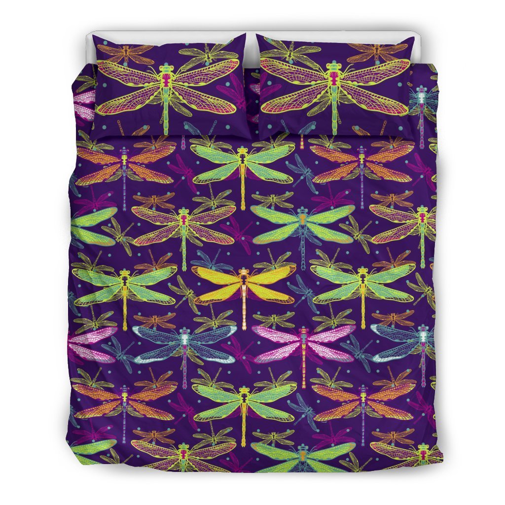 Dragonfly Neon Color Print Pattern Duvet Cover Bedding Set