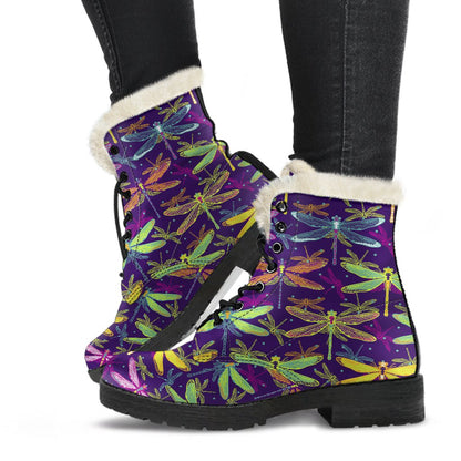 Dragonfly Neon Color Print Pattern Faux Fur Leather Boots-JTAMIGO.COM