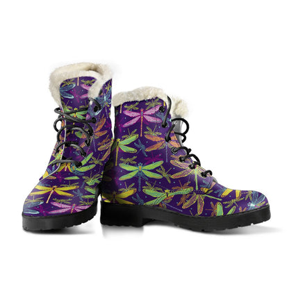 Dragonfly Neon Color Print Pattern Faux Fur Leather Boots-JTAMIGO.COM