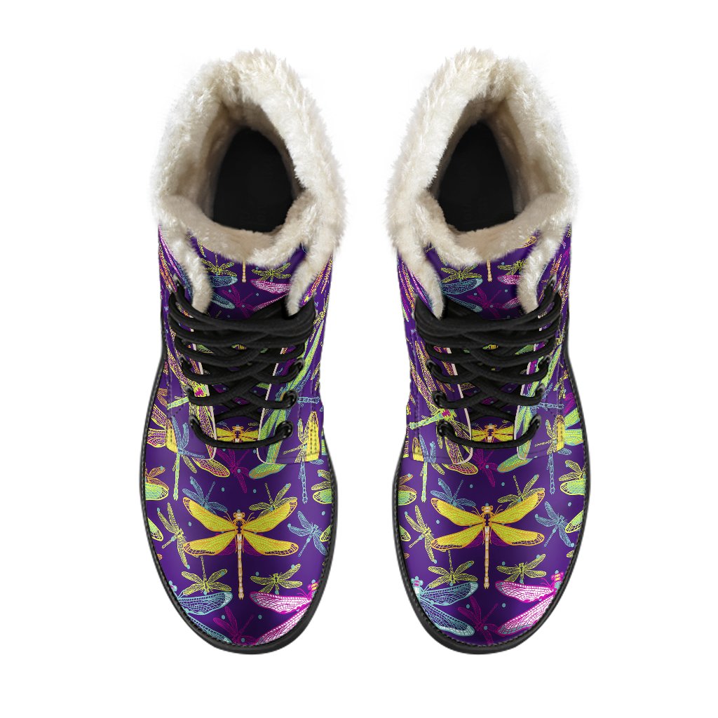 Dragonfly Neon Color Print Pattern Faux Fur Leather Boots-JTAMIGO.COM