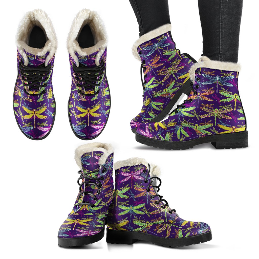 Dragonfly Neon Color Print Pattern Faux Fur Leather Boots-JTAMIGO.COM