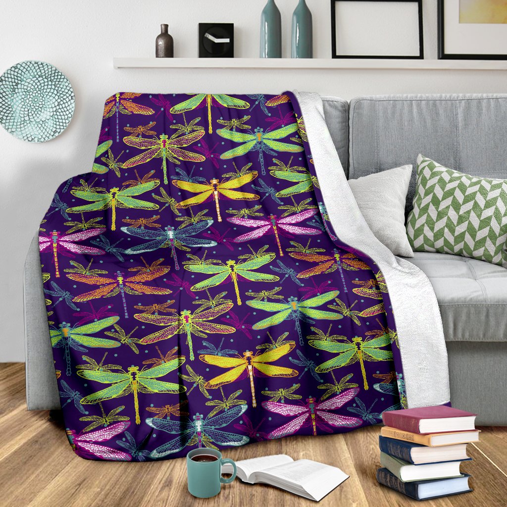 Dragonfly Neon Color Print Pattern Fleece Blanket