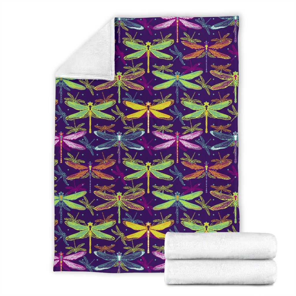 Dragonfly Neon Color Print Pattern Fleece Blanket
