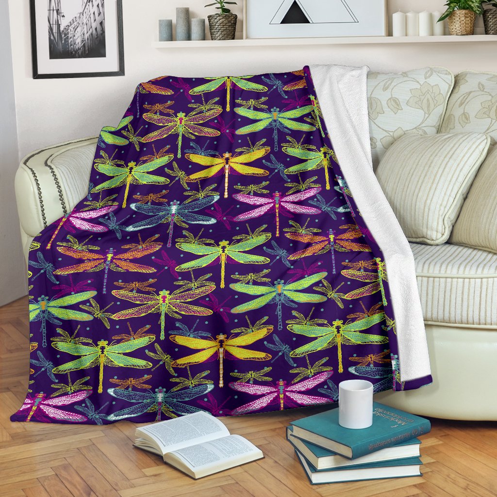 Dragonfly Neon Color Print Pattern Fleece Blanket