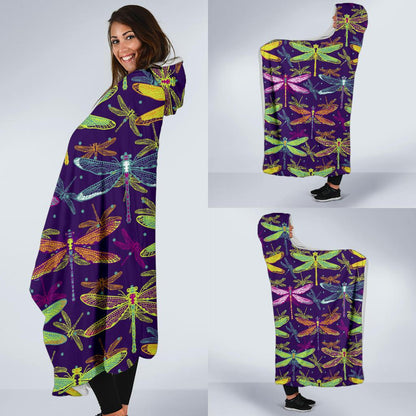 Dragonfly Neon Color Print Pattern Hooded Blanket-JTAMIGO.COM