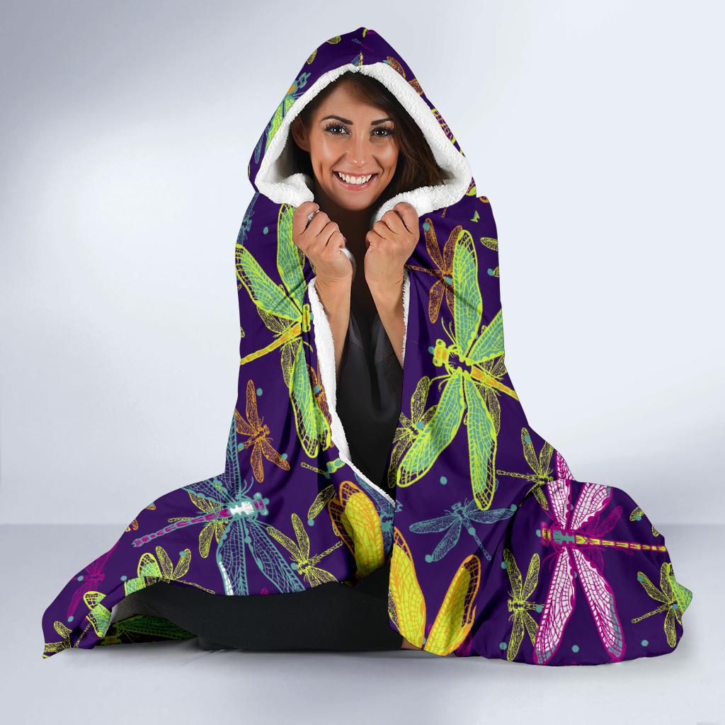 Dragonfly Neon Color Print Pattern Hooded Blanket-JTAMIGO.COM