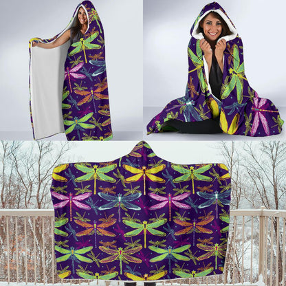 Dragonfly Neon Color Print Pattern Hooded Blanket-JTAMIGO.COM