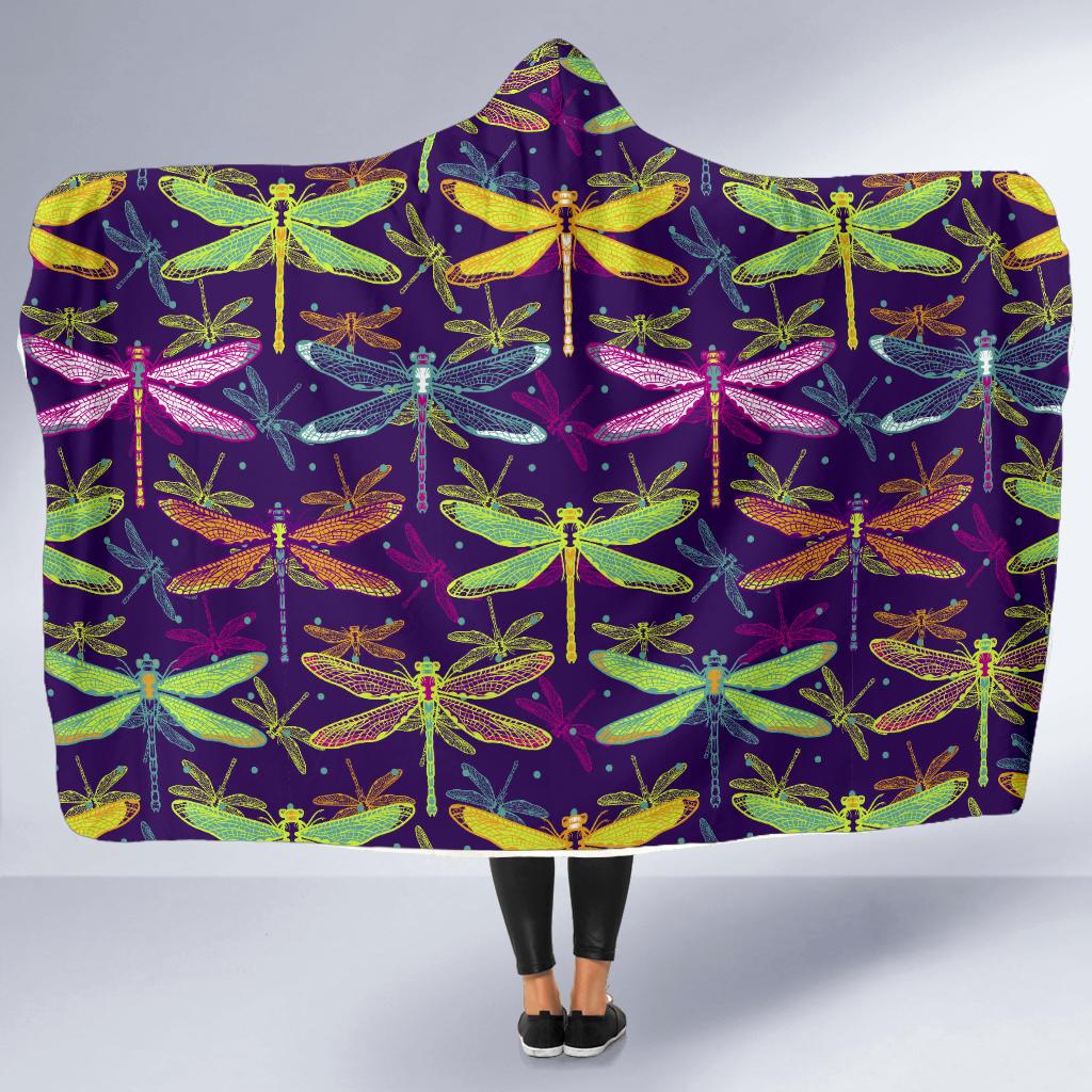 Dragonfly Neon Color Print Pattern Hooded Blanket-JTAMIGO.COM