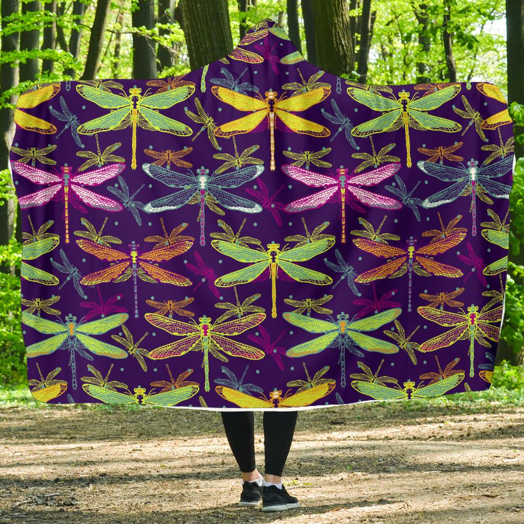 Dragonfly Neon Color Print Pattern Hooded Blanket-JTAMIGO.COM