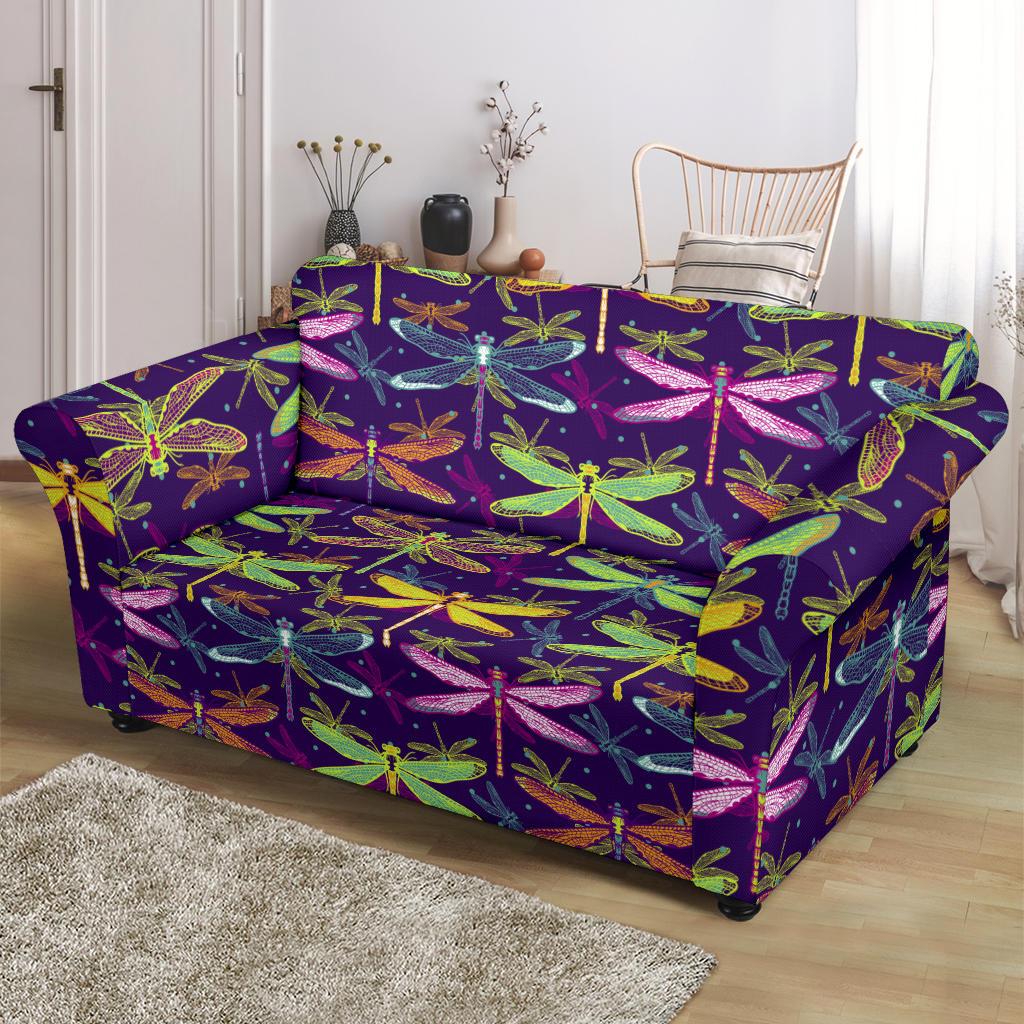 Dragonfly Neon Color Print Pattern Loveseat Slipcover-JTAMIGO.COM