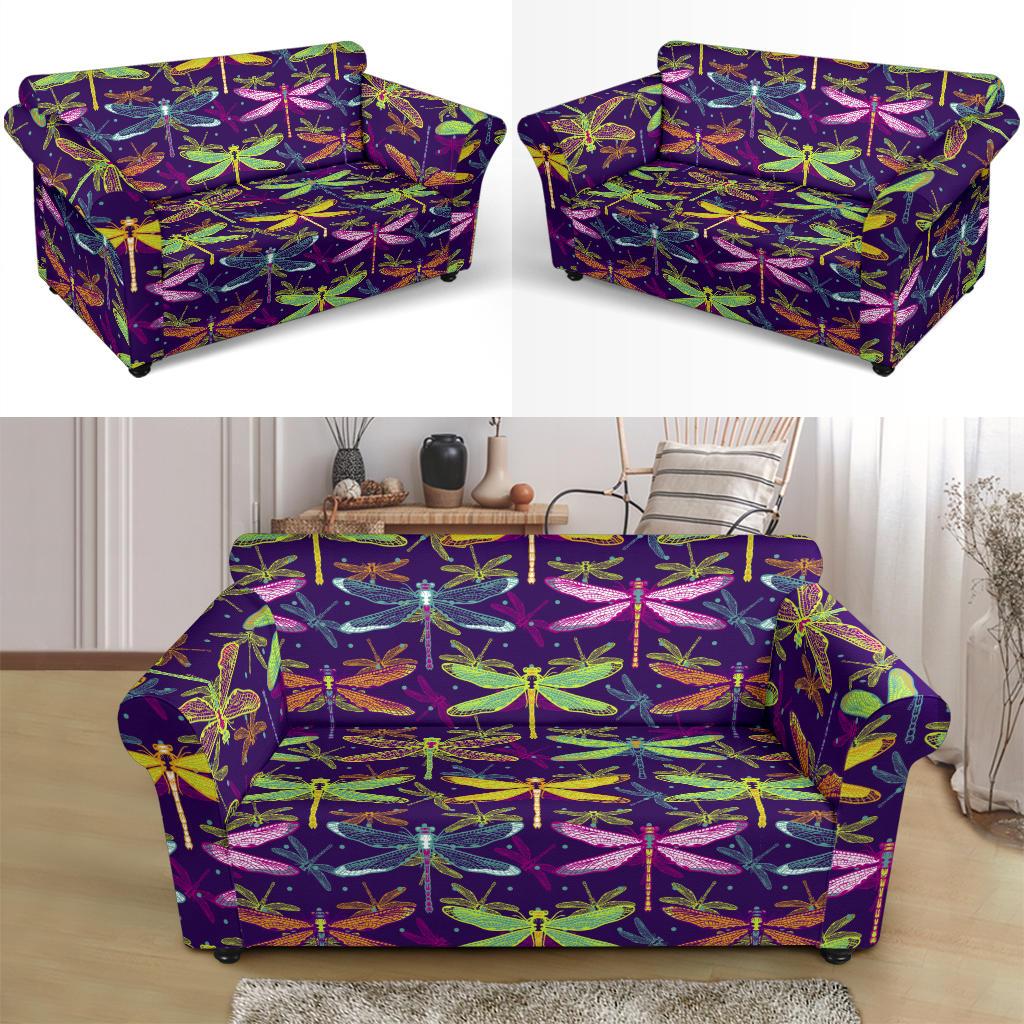 Dragonfly Neon Color Print Pattern Loveseat Slipcover-JTAMIGO.COM