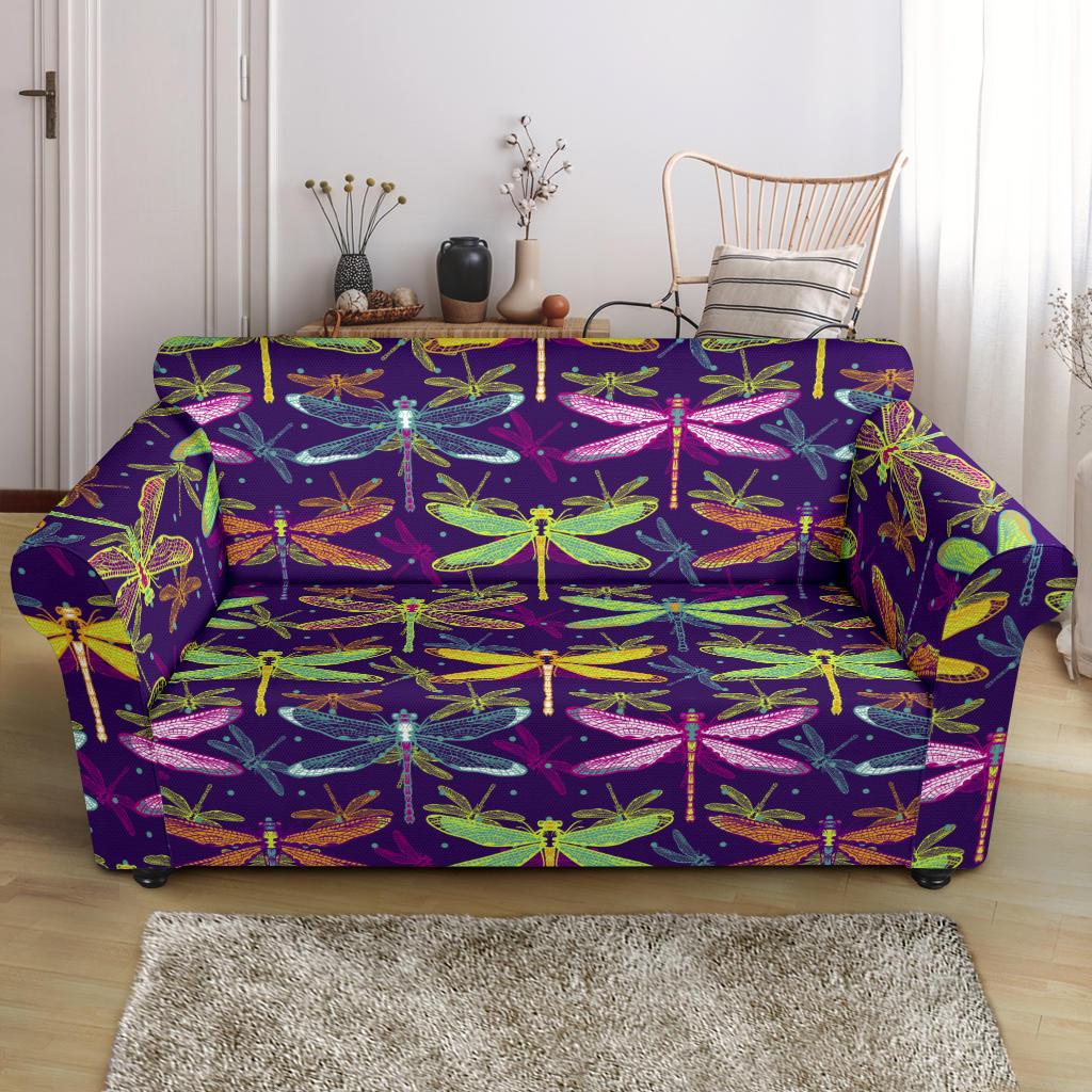Dragonfly Neon Color Print Pattern Loveseat Slipcover-JTAMIGO.COM
