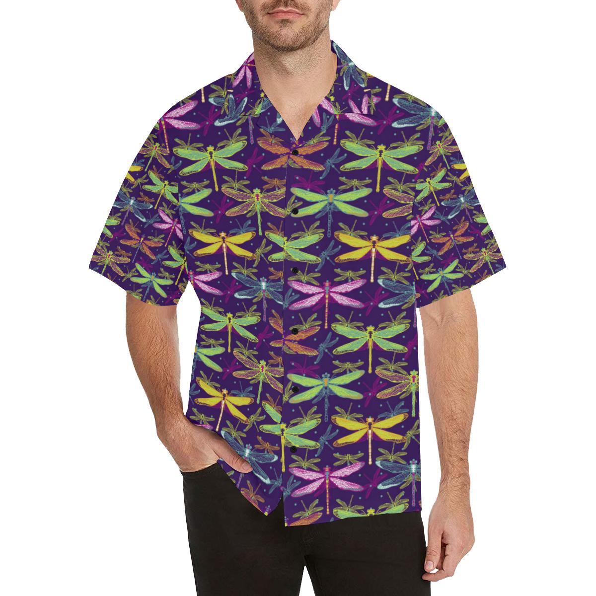 Dragonfly Neon Color Print Pattern Men Aloha Hawaiian Shirt