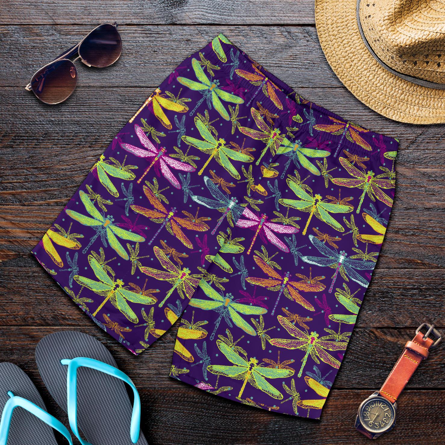 Dragonfly Neon Color Print Pattern Mens Shorts-JTAMIGO.COM