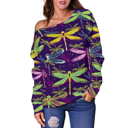 Dragonfly Neon Color Print Pattern Off Shoulder Sweatshirt
