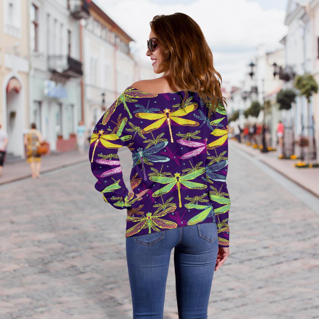 Dragonfly Neon Color Print Pattern Off Shoulder Sweatshirt