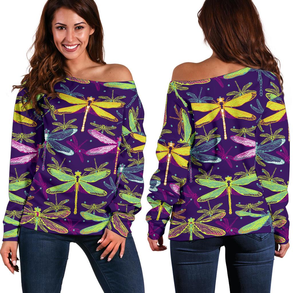 Dragonfly Neon Color Print Pattern Off Shoulder Sweatshirt