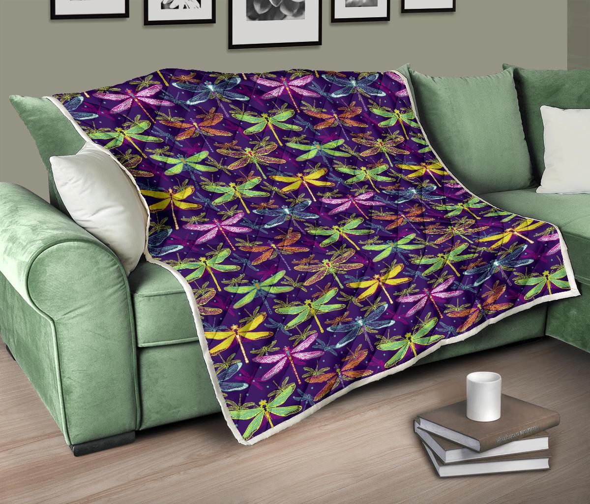 Dragonfly Neon Color Print Pattern Premium Quilt-JTAMIGO.COM