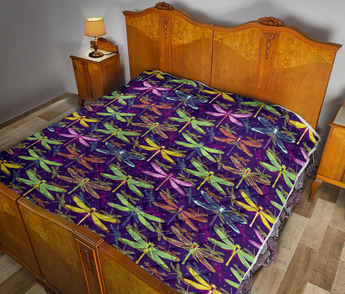Dragonfly Neon Color Print Pattern Premium Quilt-JTAMIGO.COM