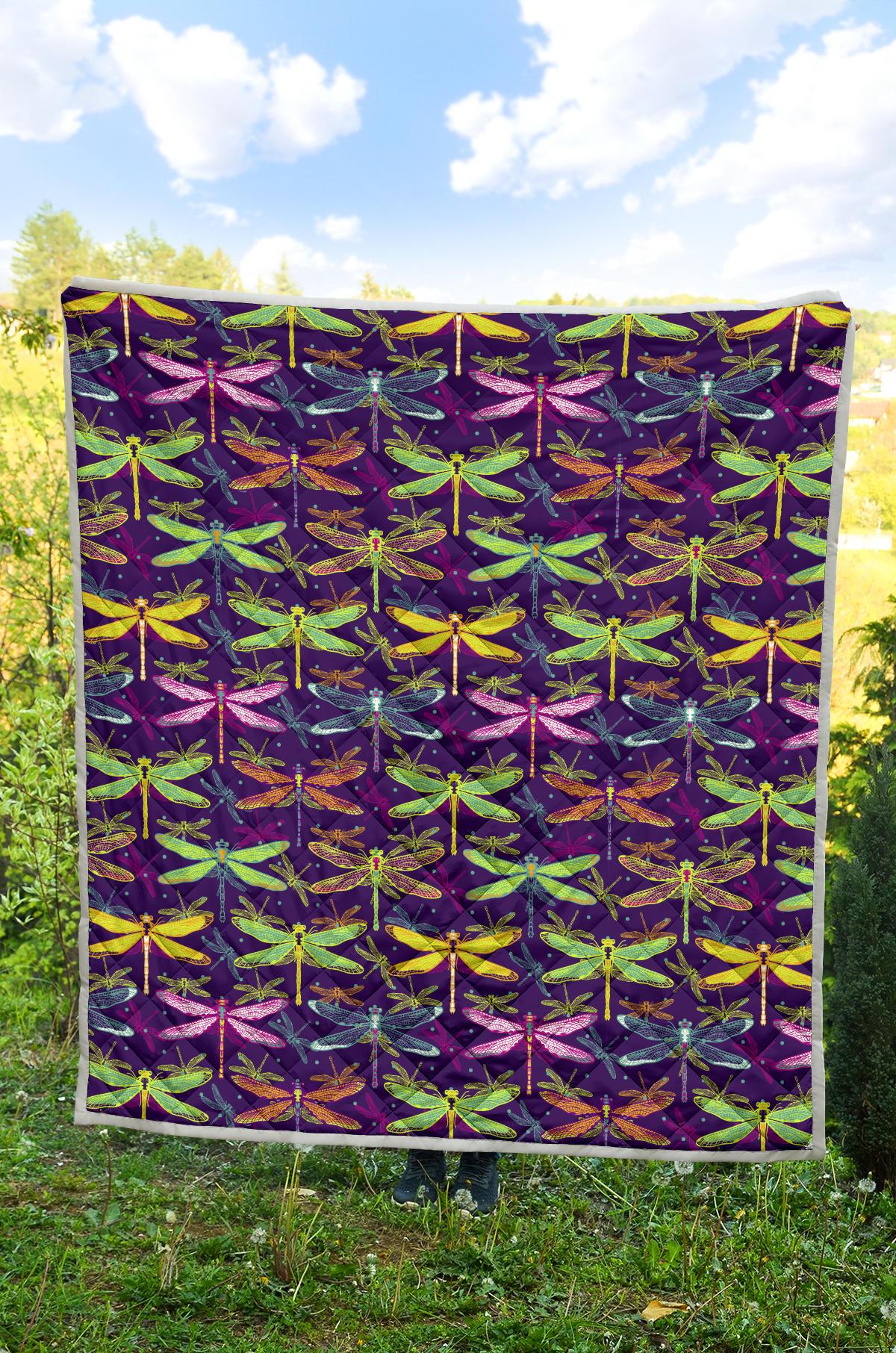 Dragonfly Neon Color Print Pattern Premium Quilt-JTAMIGO.COM