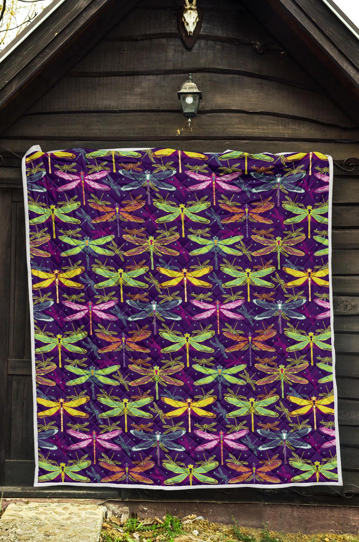 Dragonfly Neon Color Print Pattern Premium Quilt-JTAMIGO.COM