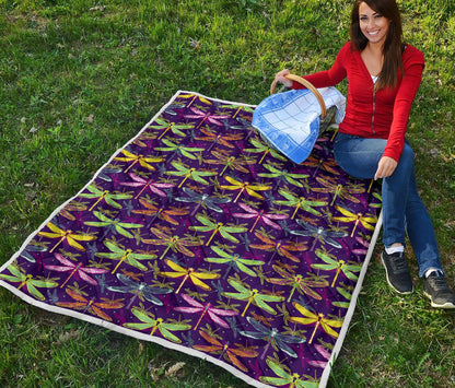 Dragonfly Neon Color Print Pattern Premium Quilt-JTAMIGO.COM