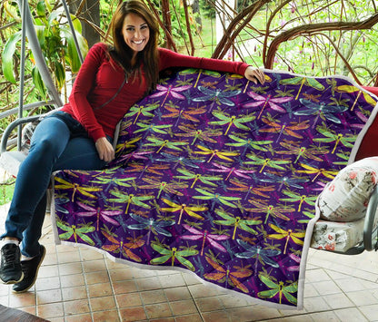 Dragonfly Neon Color Print Pattern Premium Quilt-JTAMIGO.COM