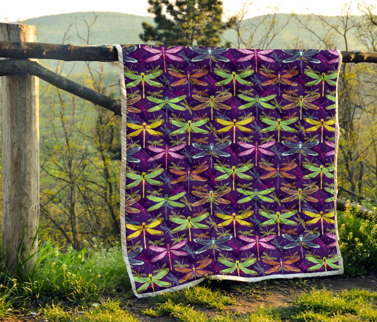 Dragonfly Neon Color Print Pattern Premium Quilt-JTAMIGO.COM