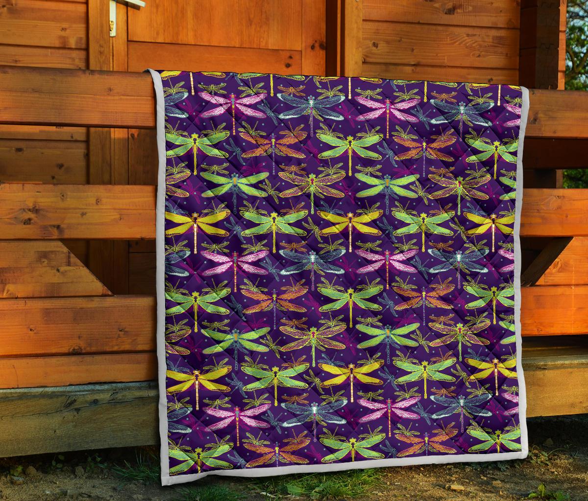 Dragonfly Neon Color Print Pattern Premium Quilt-JTAMIGO.COM