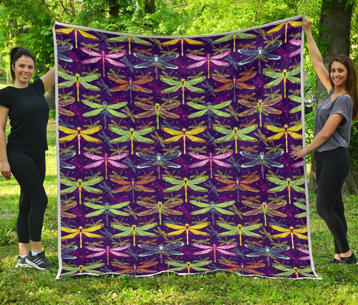 Dragonfly Neon Color Print Pattern Premium Quilt-JTAMIGO.COM