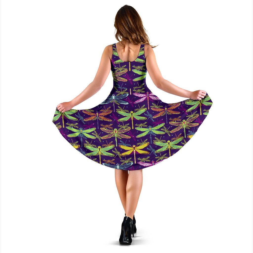 Dragonfly Neon Color Print Pattern Sleeveless Dress