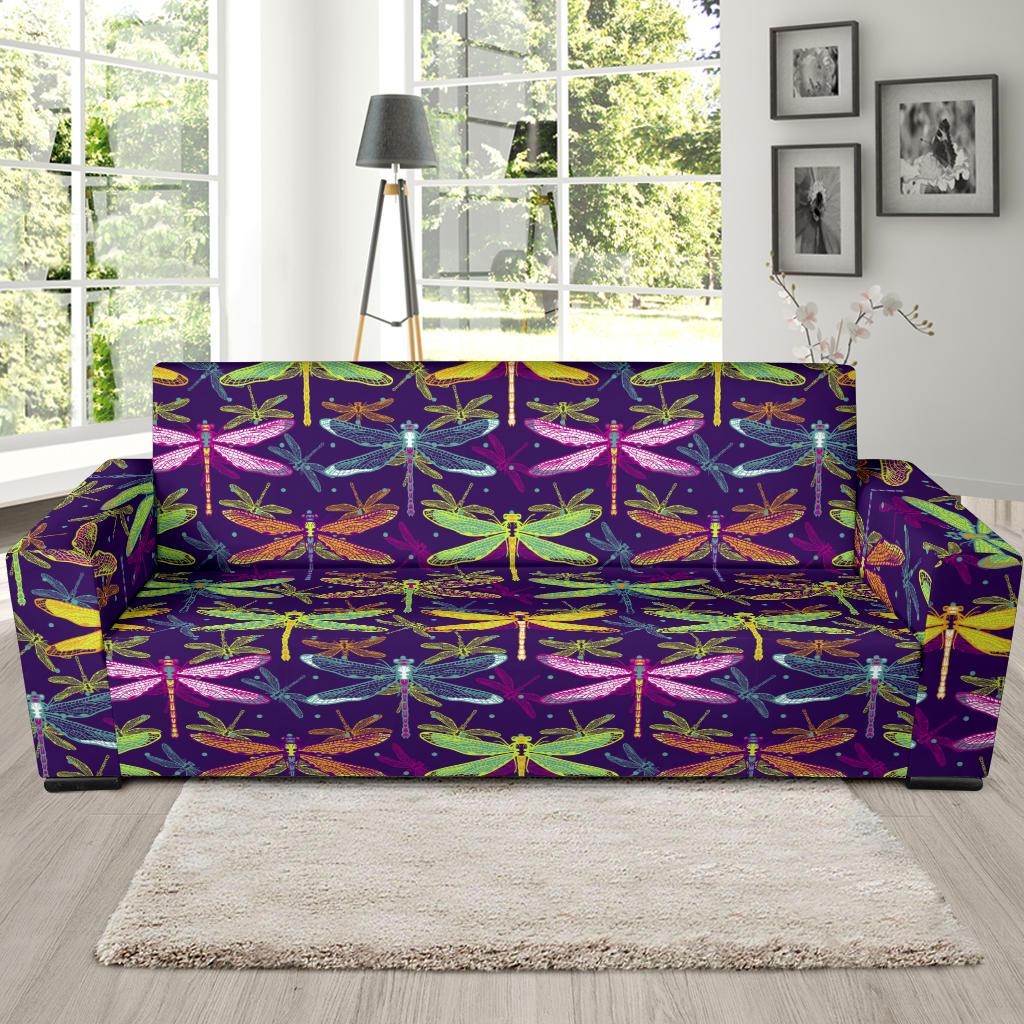 Dragonfly Neon Color Print Pattern Sofa Slipcover-JTAMIGO.COM