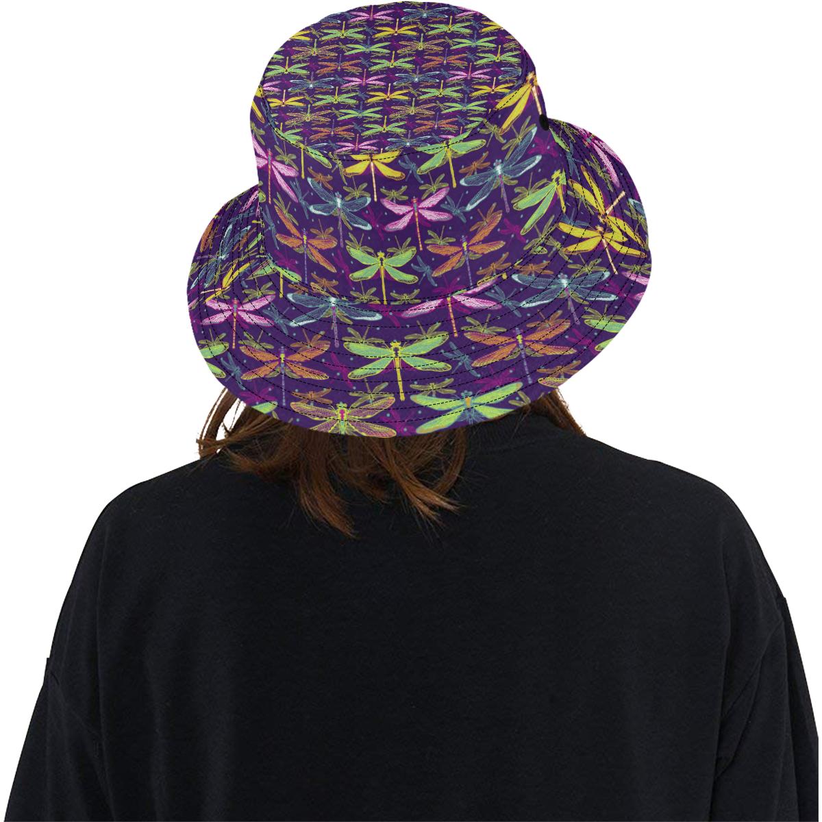 Dragonfly Neon Color Print Pattern Unisex Bucket Hat