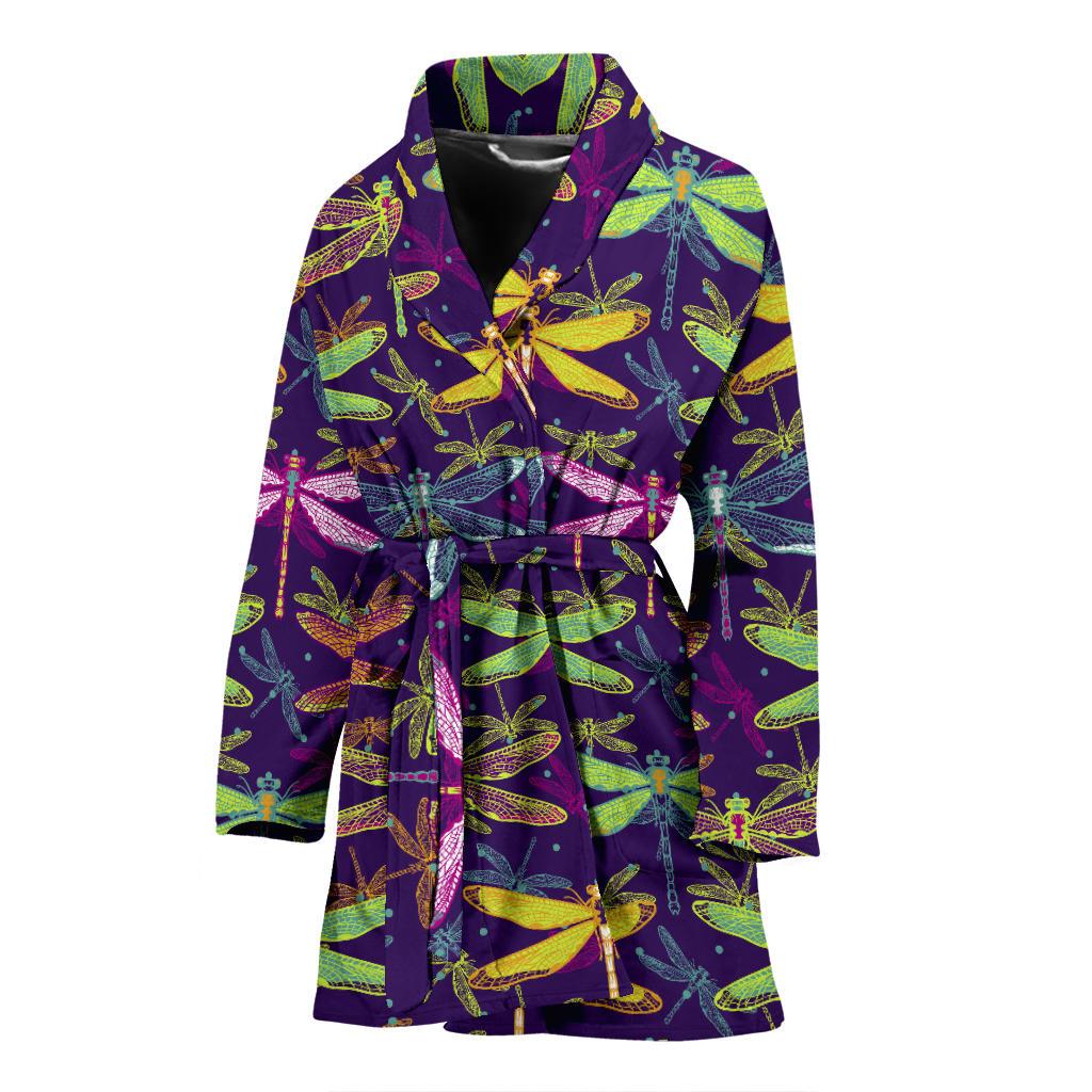 Dragonfly Neon Color Print Pattern Women Bath Robe-JTAMIGO.COM