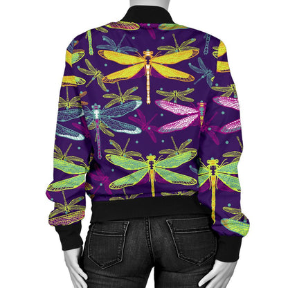 Dragonfly Neon Color Print Pattern Women Casual Bomber Jacket