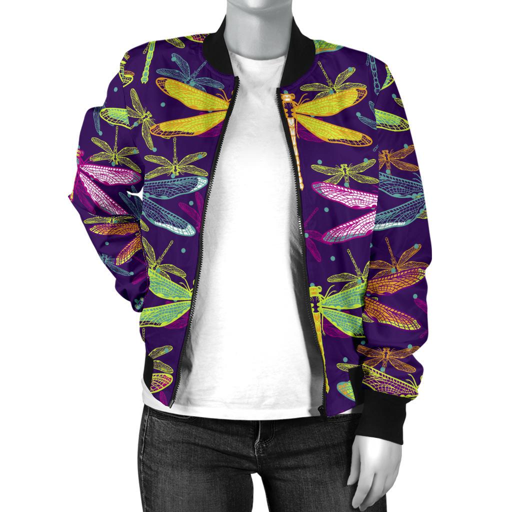Dragonfly Neon Color Print Pattern Women Casual Bomber Jacket