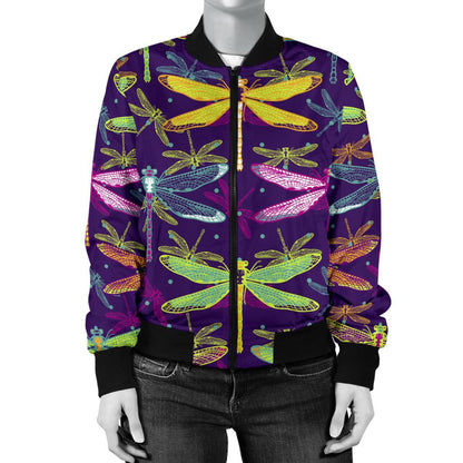 Dragonfly Neon Color Print Pattern Women Casual Bomber Jacket