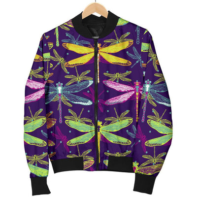 Dragonfly Neon Color Print Pattern Women Casual Bomber Jacket