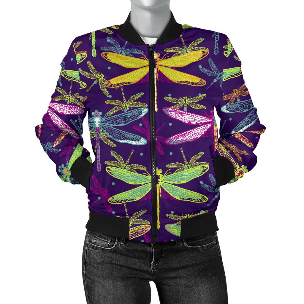 Dragonfly Neon Color Print Pattern Women Casual Bomber Jacket