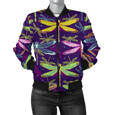 Dragonfly Neon Color Print Pattern Women Casual Bomber Jacket