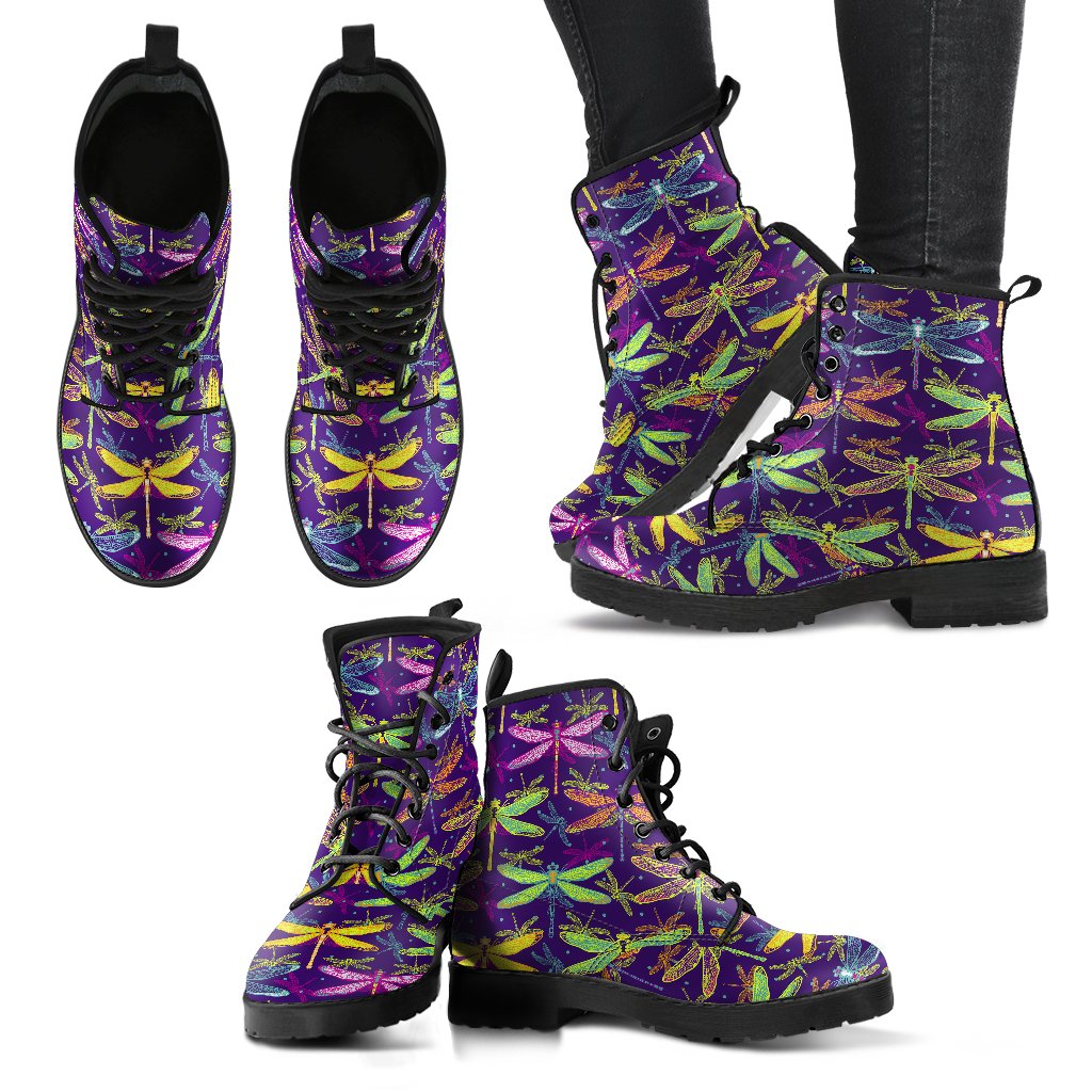 Dragonfly Neon Color Print Pattern Women Leather Boots-JTAMIGO.COM