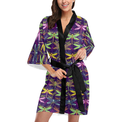 Dragonfly Neon Color Print Pattern Women Short Kimono Robe