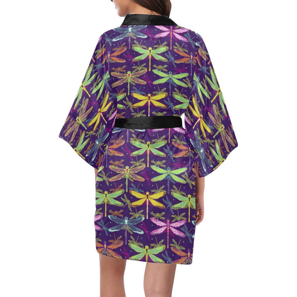 Dragonfly Neon Color Print Pattern Women Short Kimono Robe