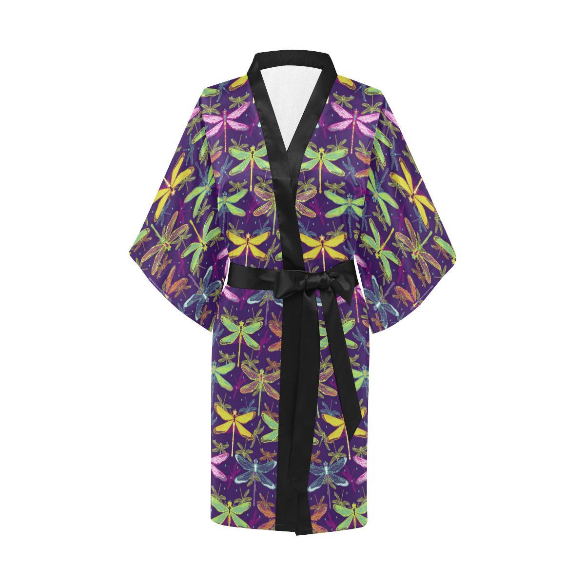 Dragonfly Neon Color Print Pattern Women Short Kimono Robe