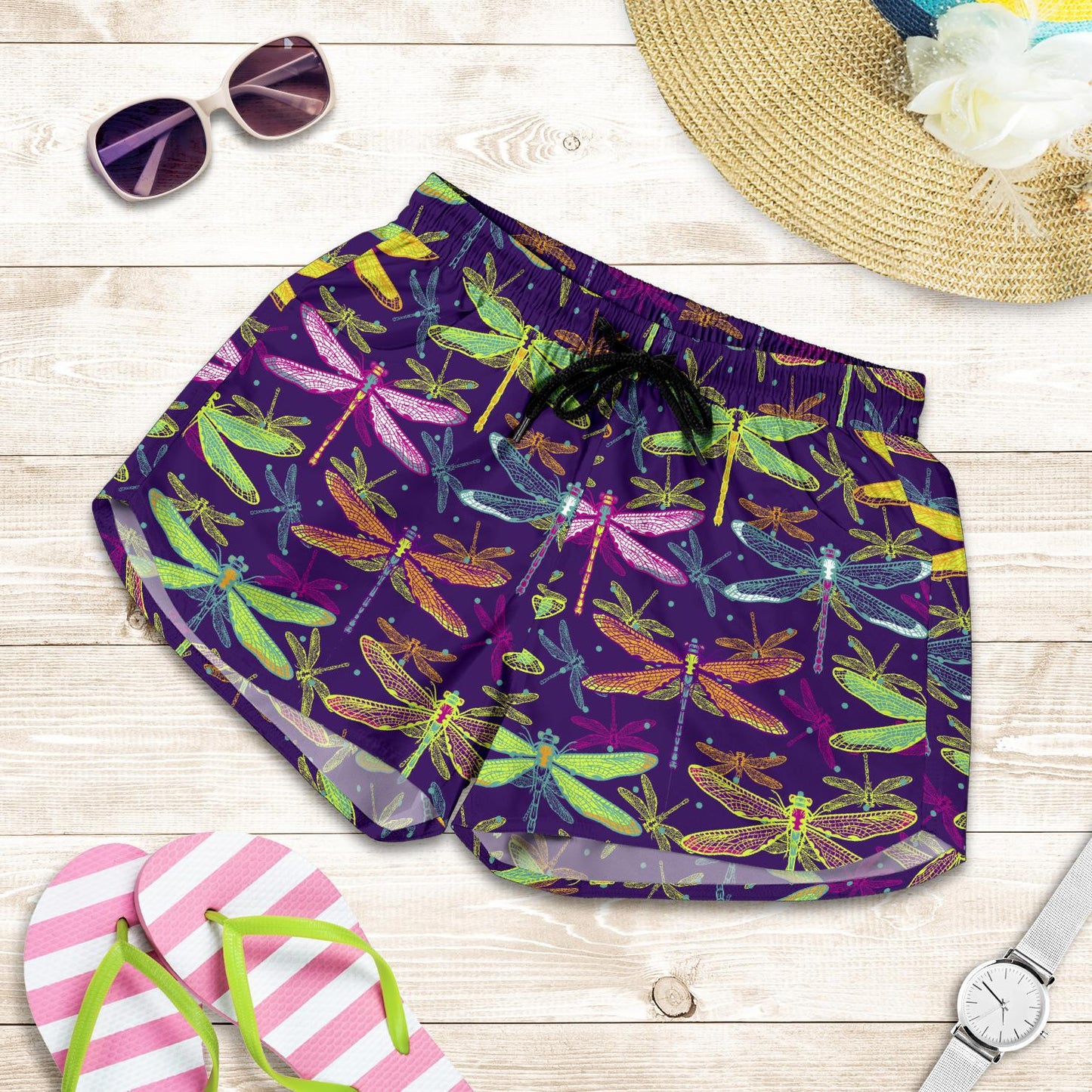 Dragonfly Neon Color Print Pattern Women Shorts-JTAMIGO.COM